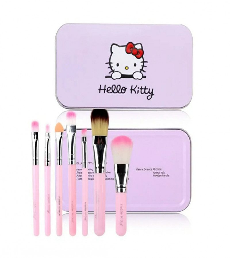 Hello Kitty Elegance: 7-Piece Professional Travel-Friendly Makeup Brush Set with Box for Foundation, Powder, and Eye Shadow
