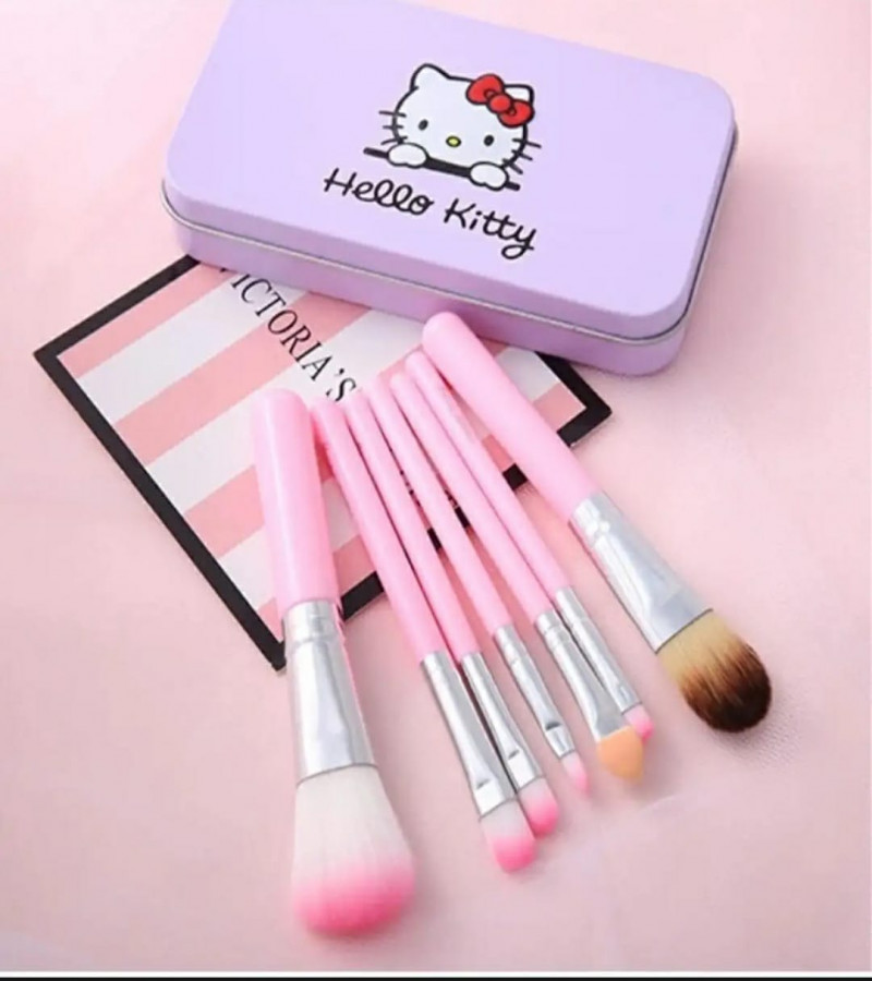 Hello Kitty Elegance: 7-Piece Professional Travel-Friendly Makeup Brush Set with Box for Foundation, Powder, and Eye Shadow